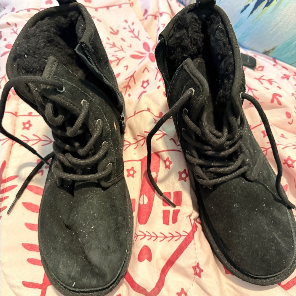 Black Faux Suede Lace-Up Ankle Boots